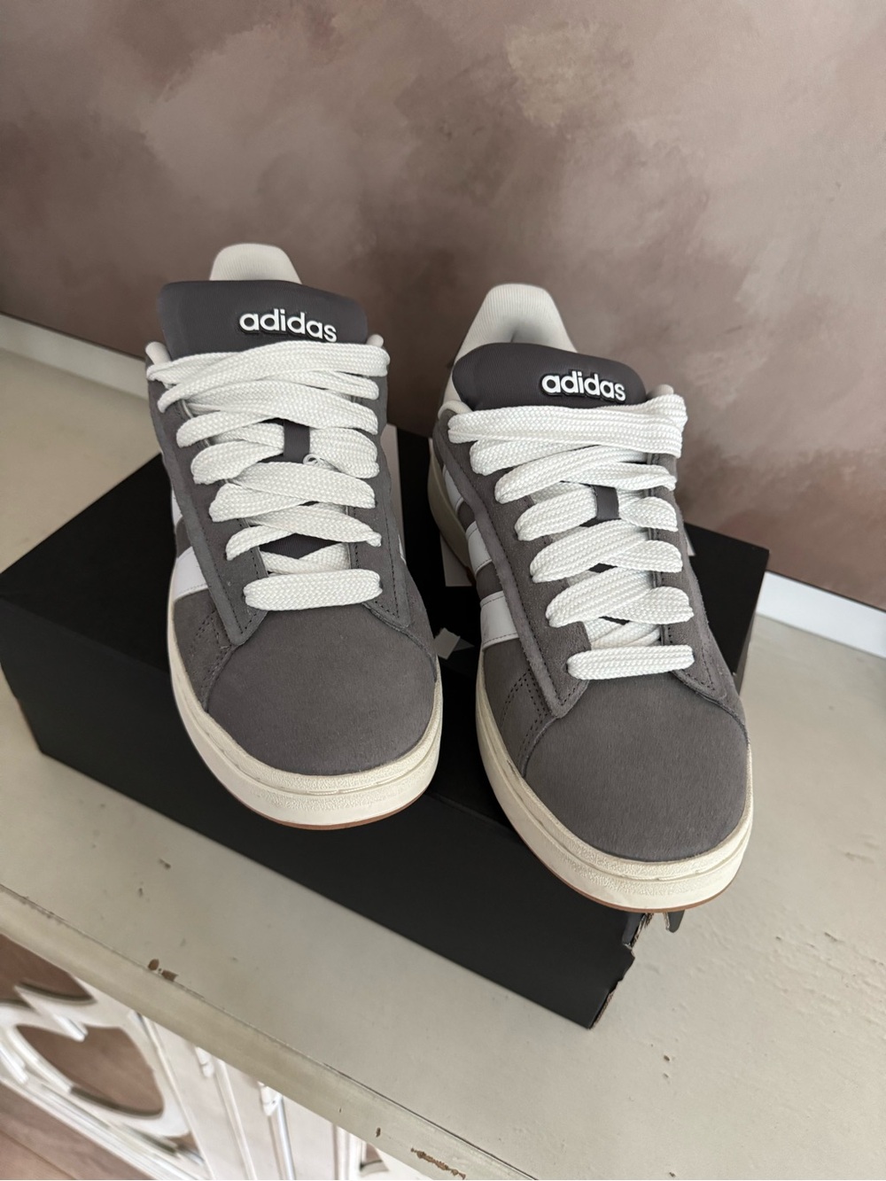 adidas Men’s Gray and White Suede Low-Top Sneakers